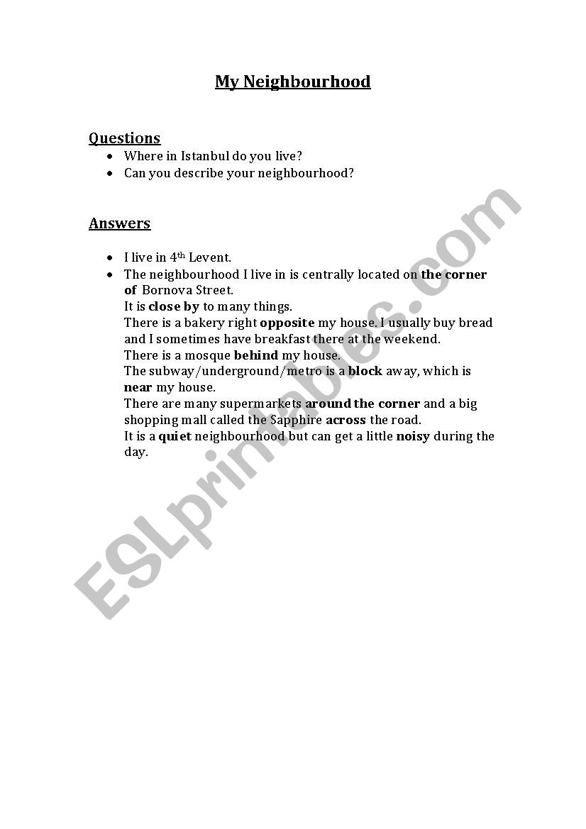 Neighbourhood worksheet