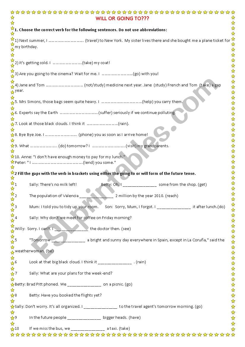 Will or going to? worksheet