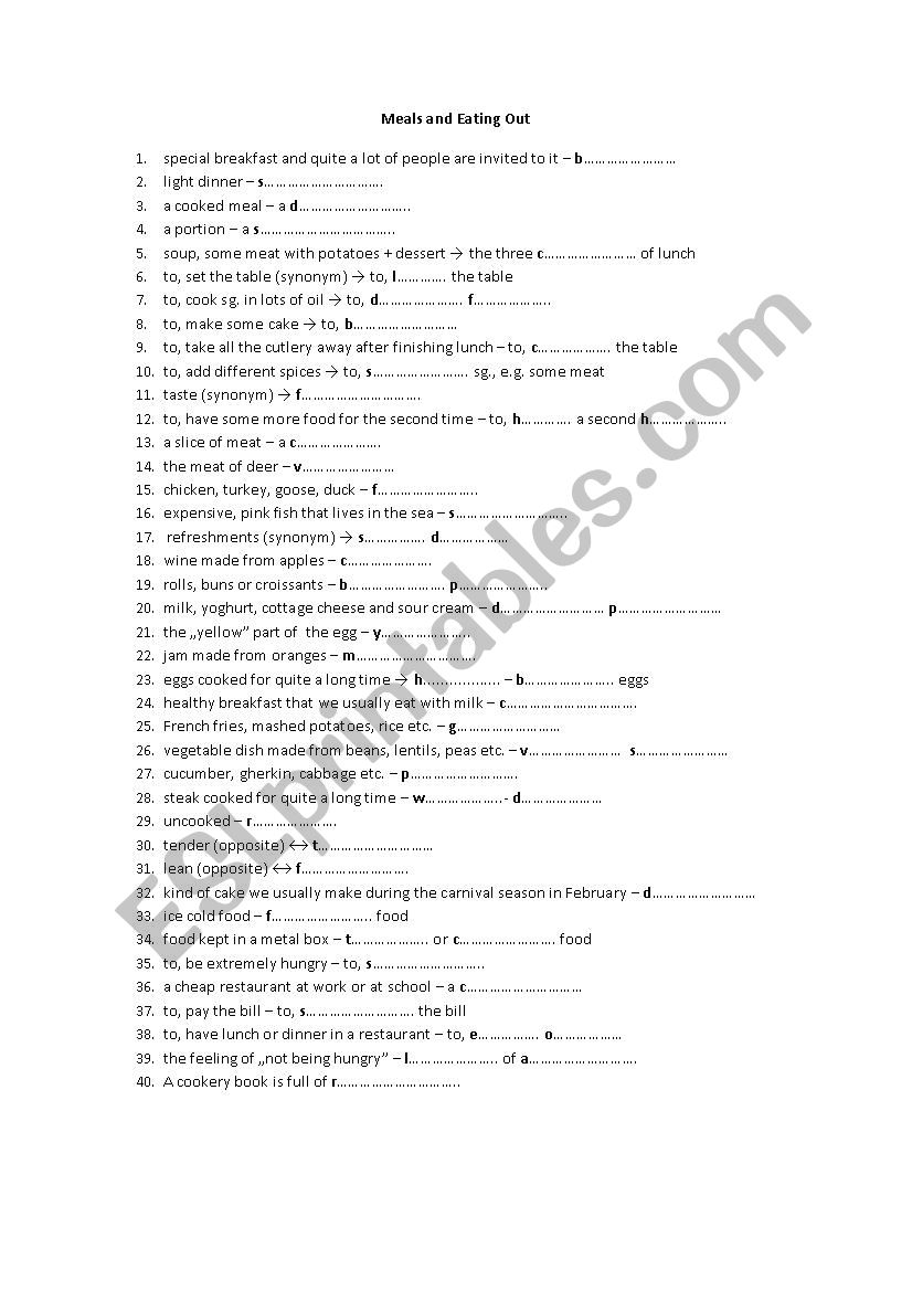 Meals  worksheet