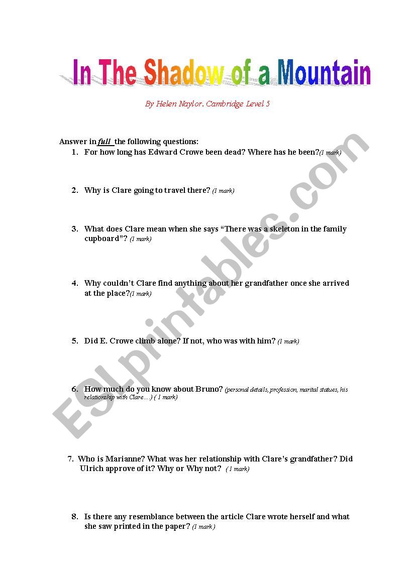 reader : In the Shadow of a Mountain. Cambridge Level 5 Questionnaire