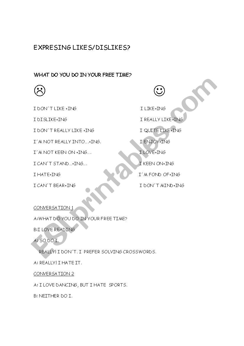 EXPRESSING LIKES/DISLIKE worksheet