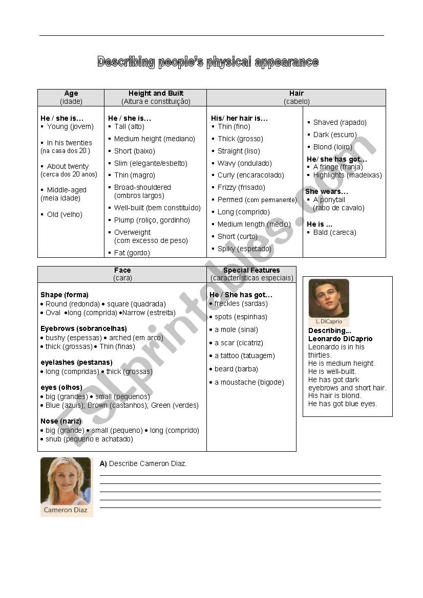 Decribing appearance worksheet