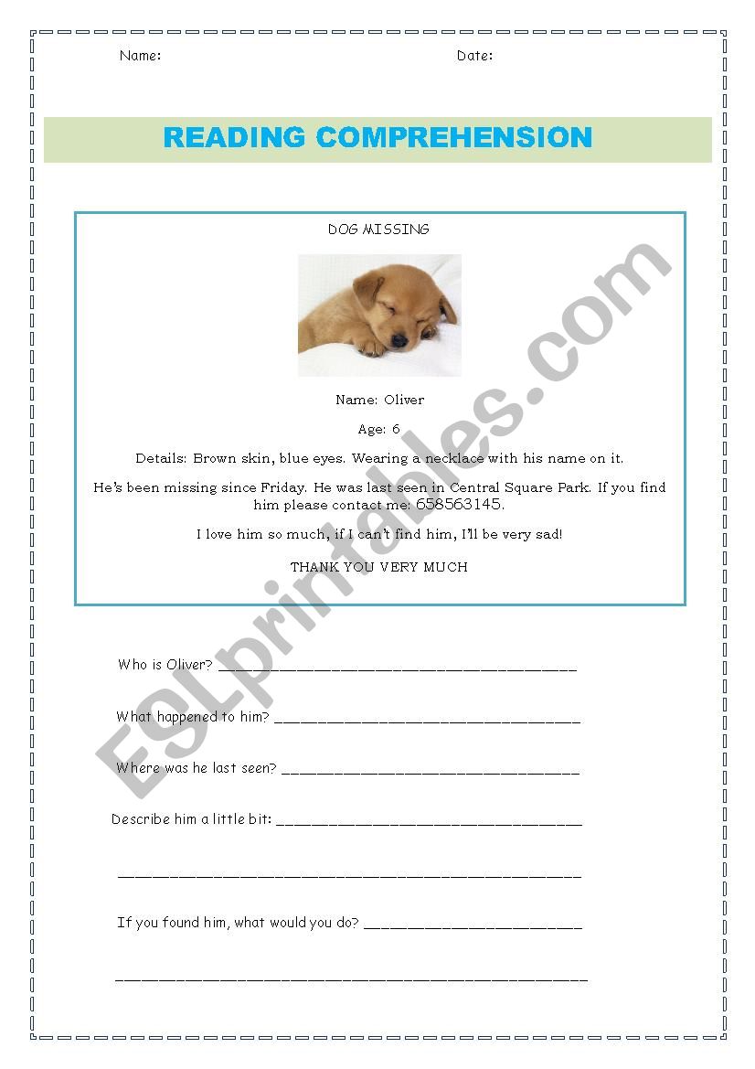 DOG MISSING worksheet