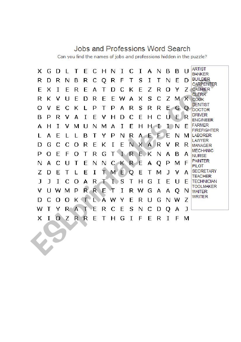 WORD SEARCH JOBS worksheet