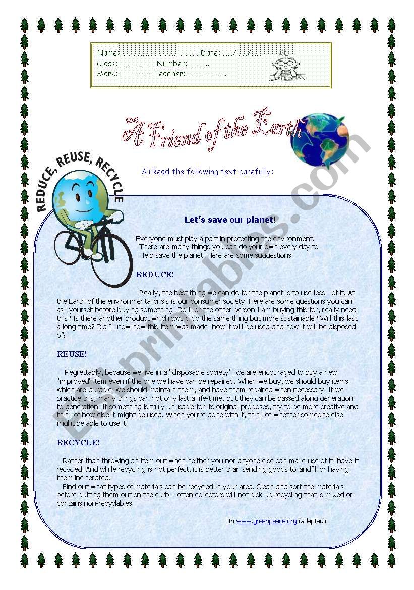 A friend of Earth worksheet