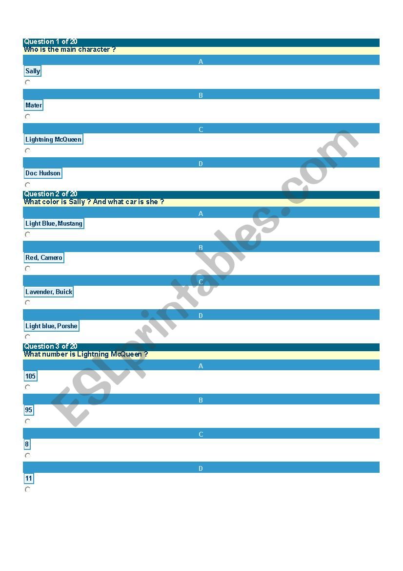 CARS MOVIE QUESTIONS worksheet