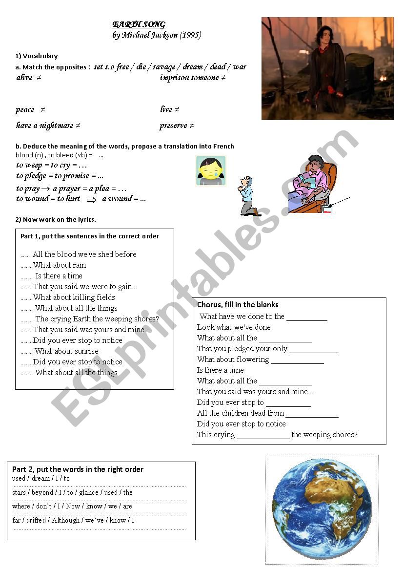 Earth Song by Michael Jackson worksheet