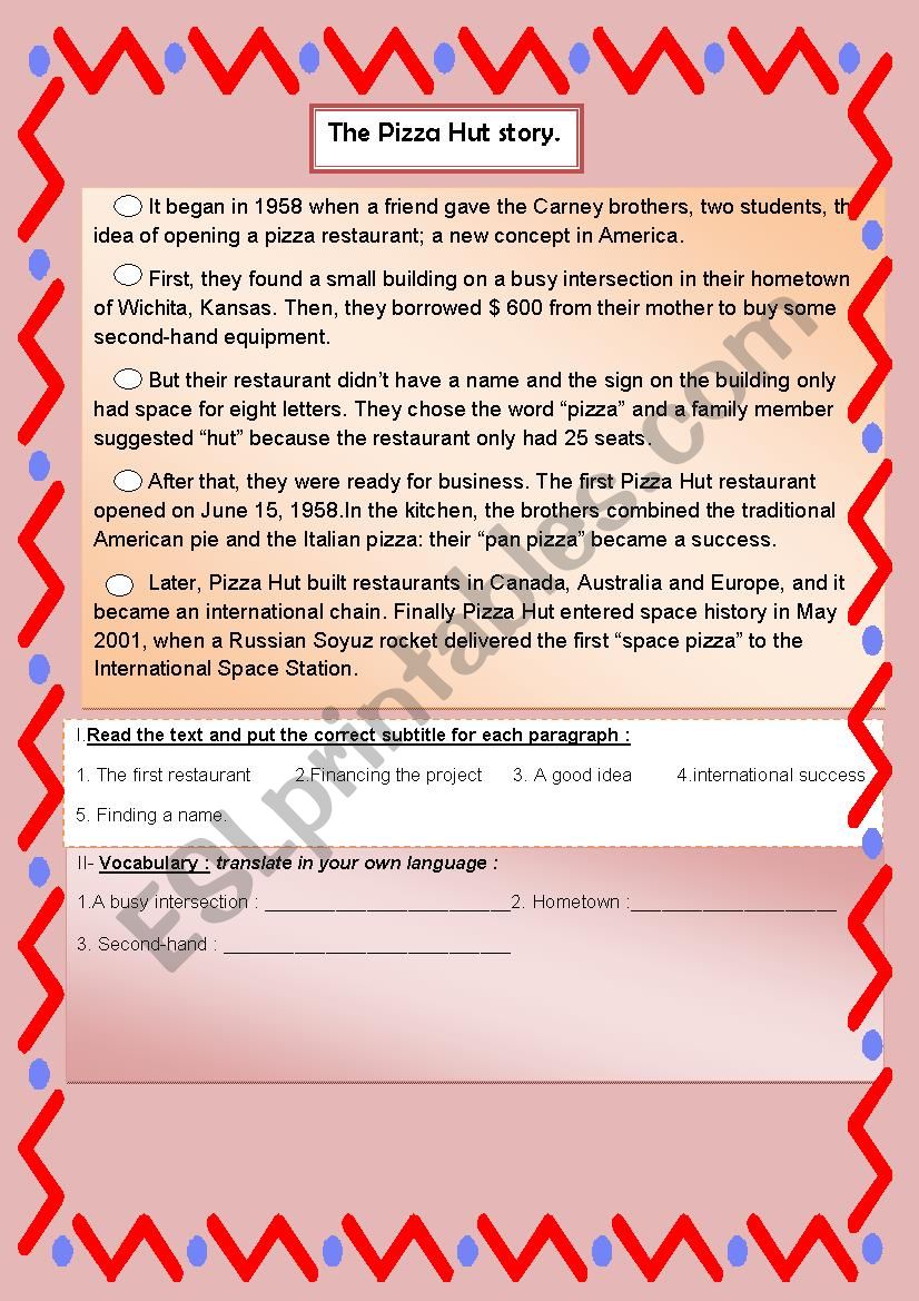 THE PIZZA HUT STORY worksheet