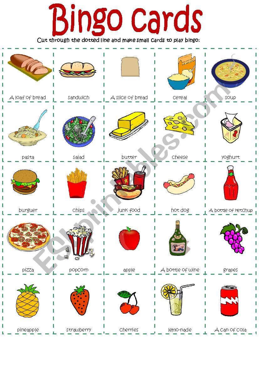 Bingo food part 1 worksheet