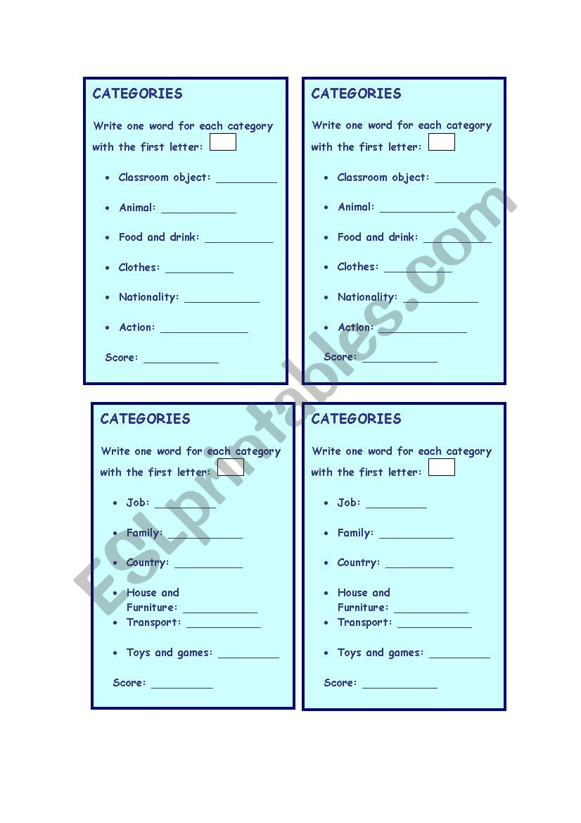 Categories worksheet