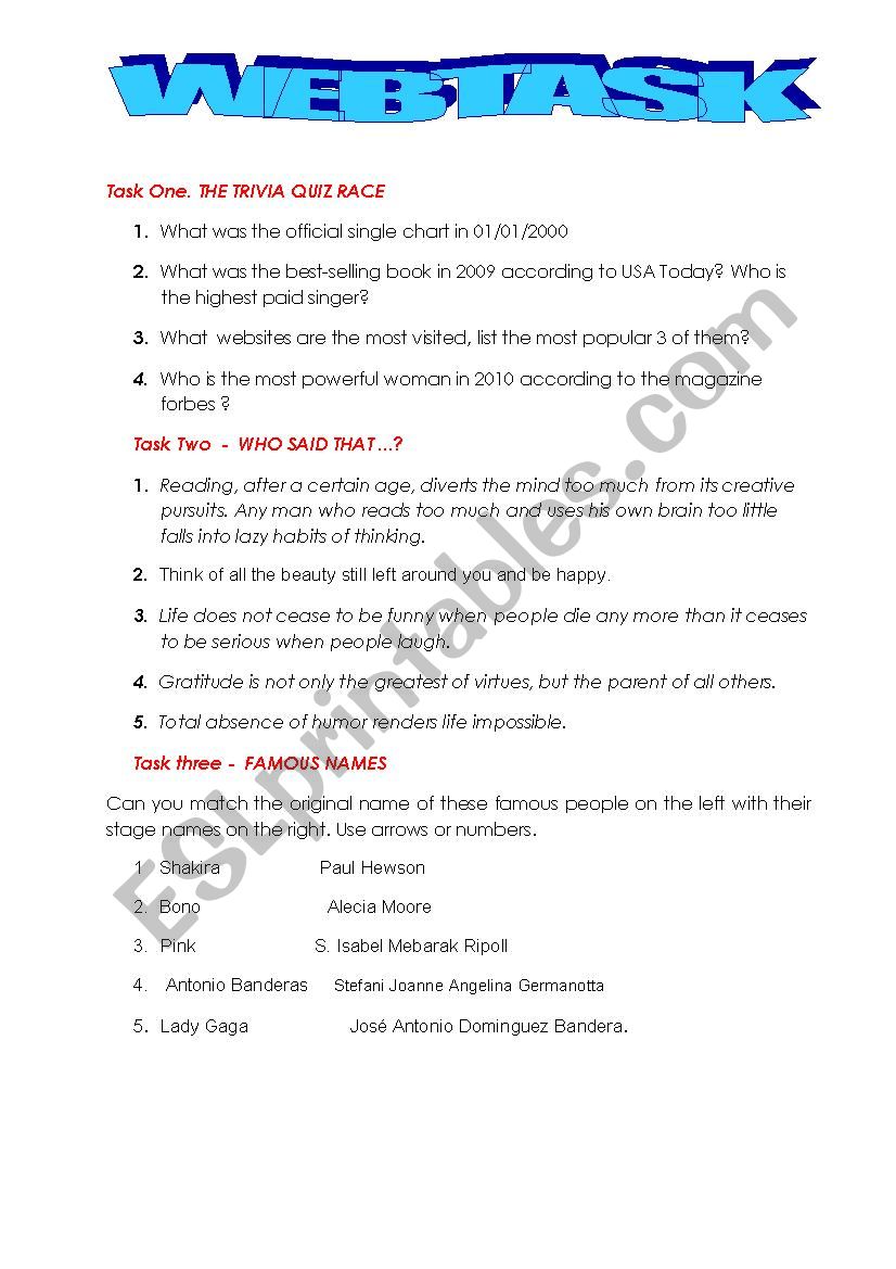 Web task worksheet