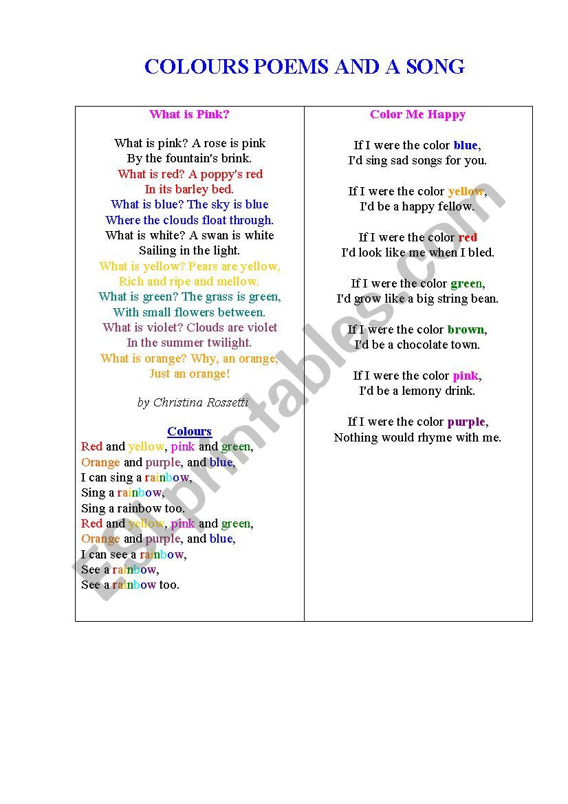 COLOURS POEMS AND A SONG 1 worksheet