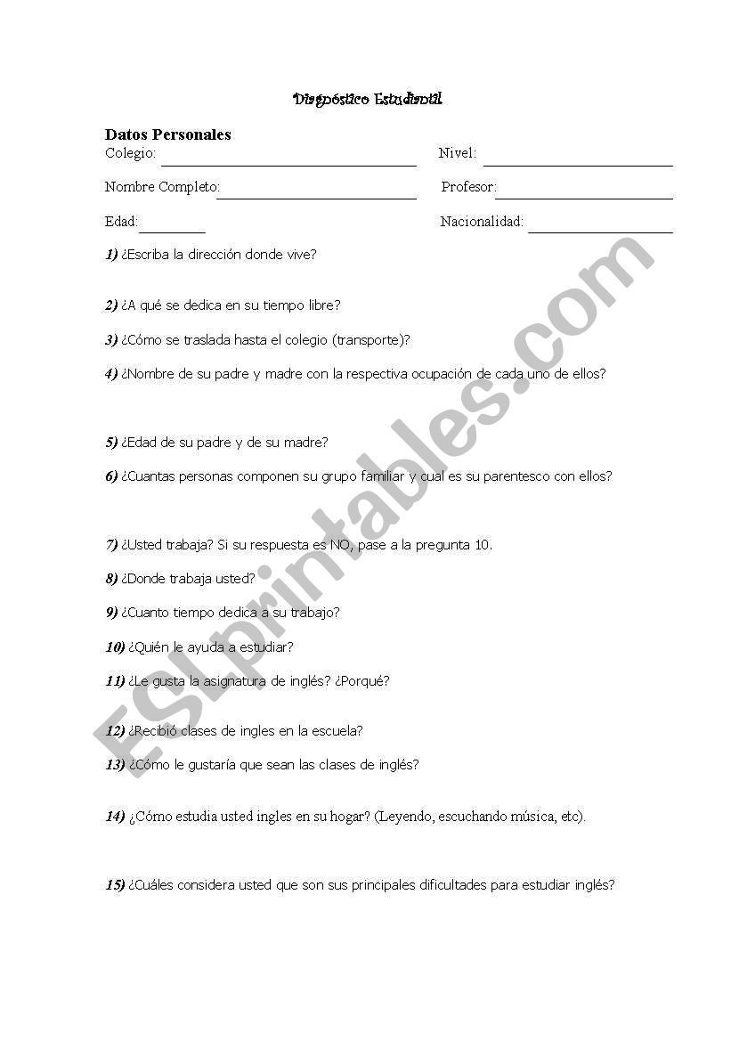 Students Diagnostic worksheet