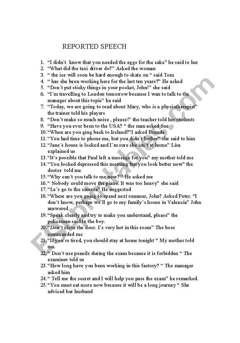 reported speech worksheet