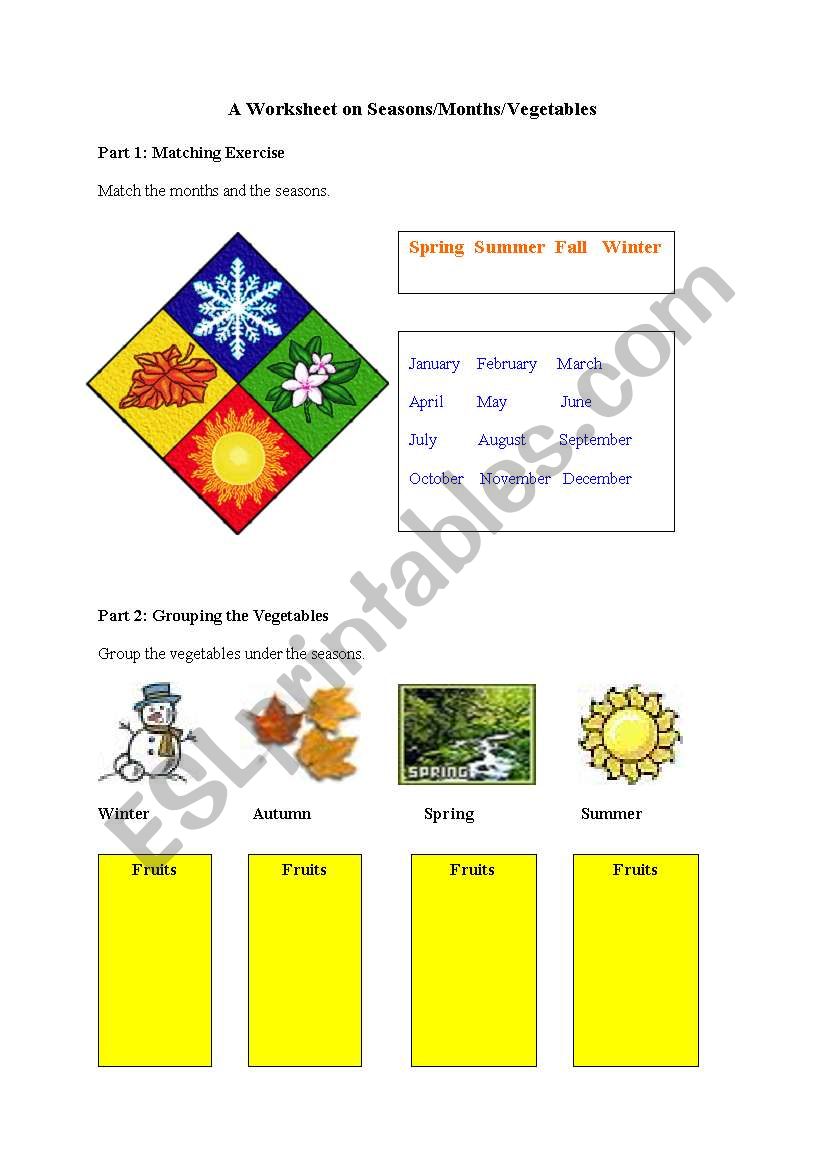 A worksheet on Seasons, Months, weather, and fruits!