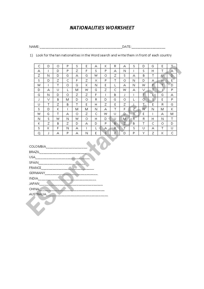 DISCOVERING NATIONALITIES  worksheet