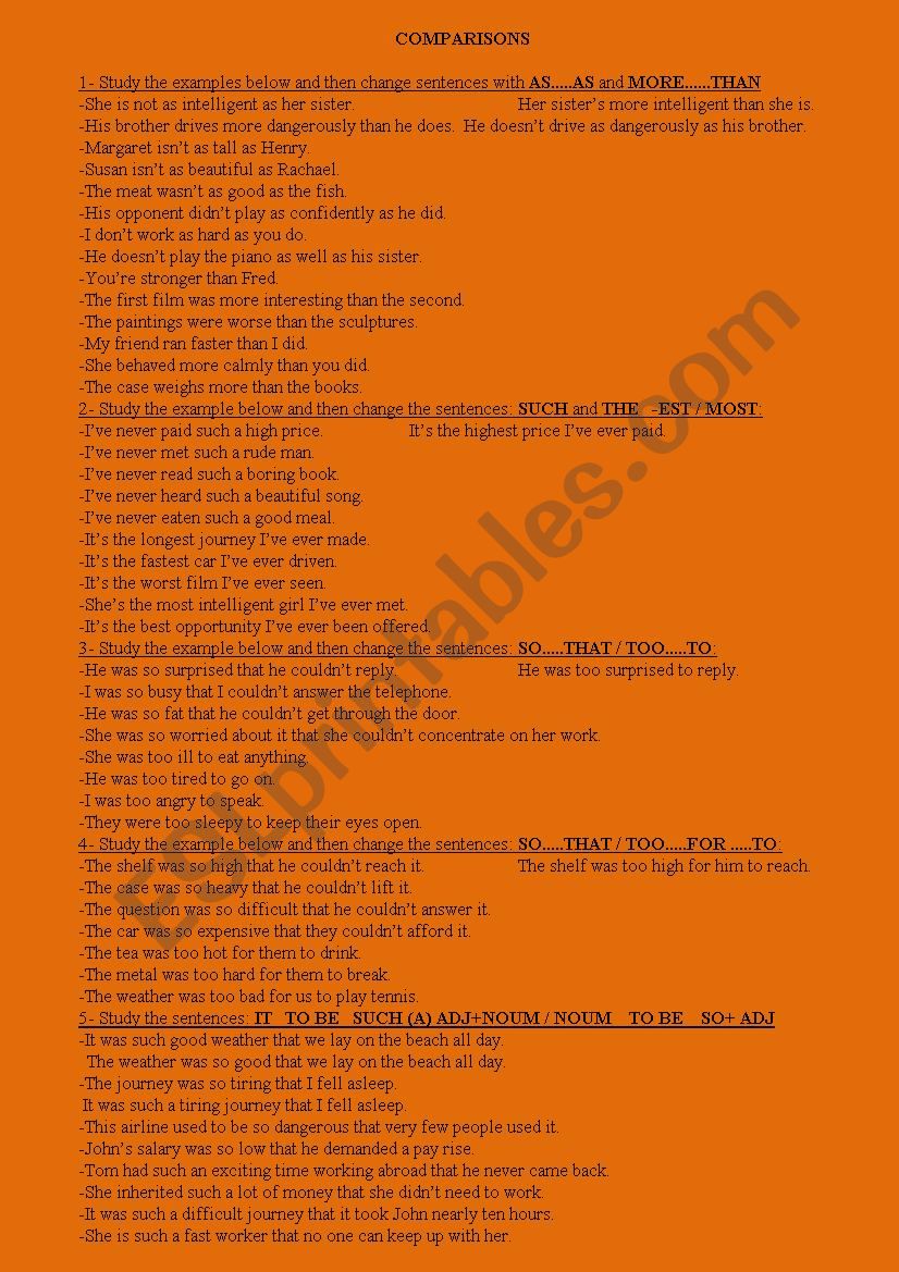 Rephrasing comparatives worksheet
