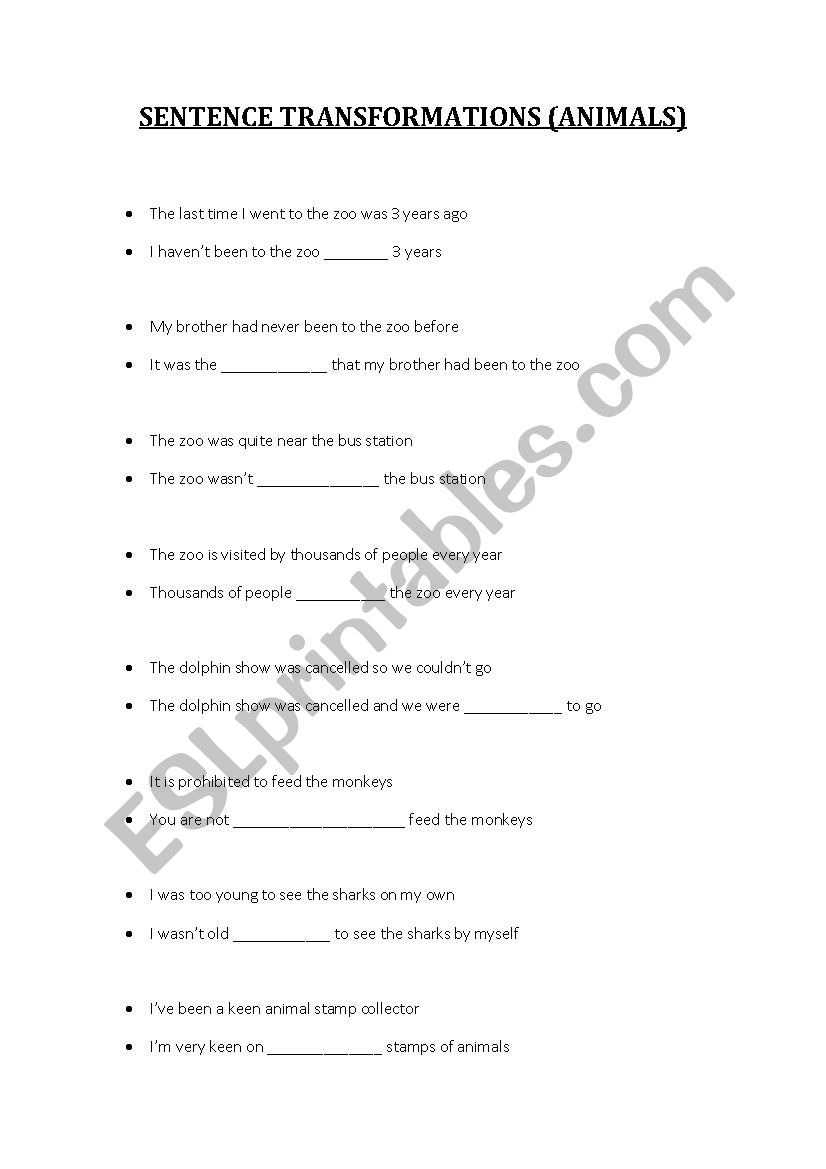 PET Exam Sentence transformations (Animals topic)