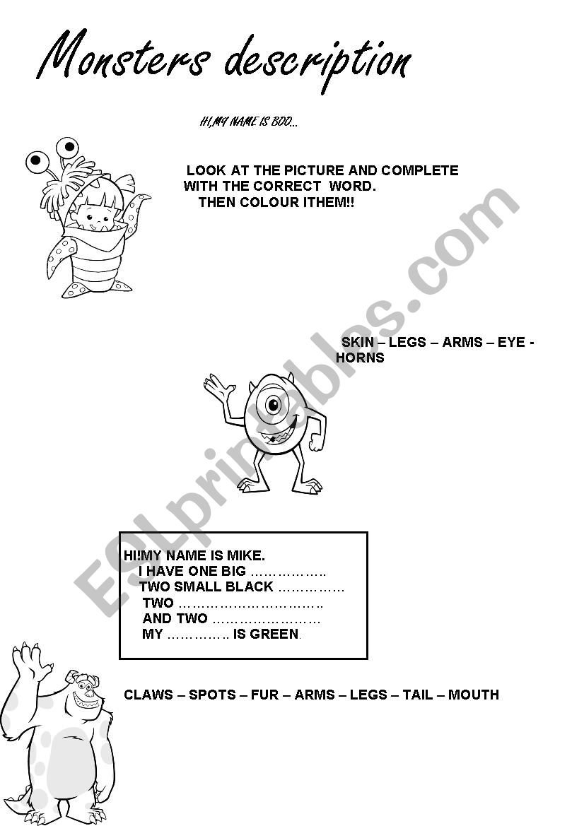 MONSTERS DESCRIPTION worksheet