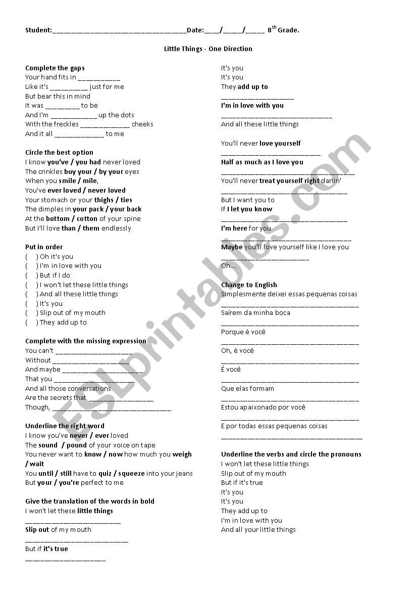 Little Things - song worksheet