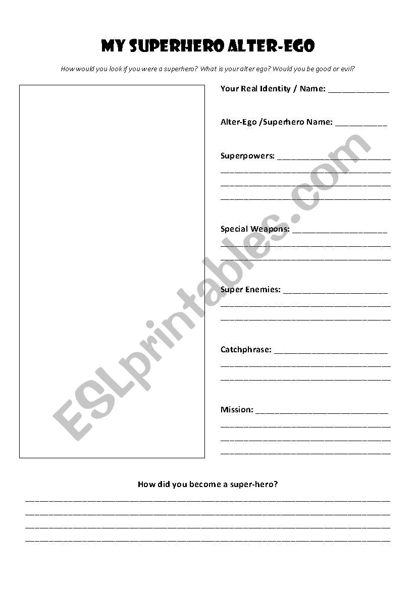 Super Hero Alter Ego worksheet