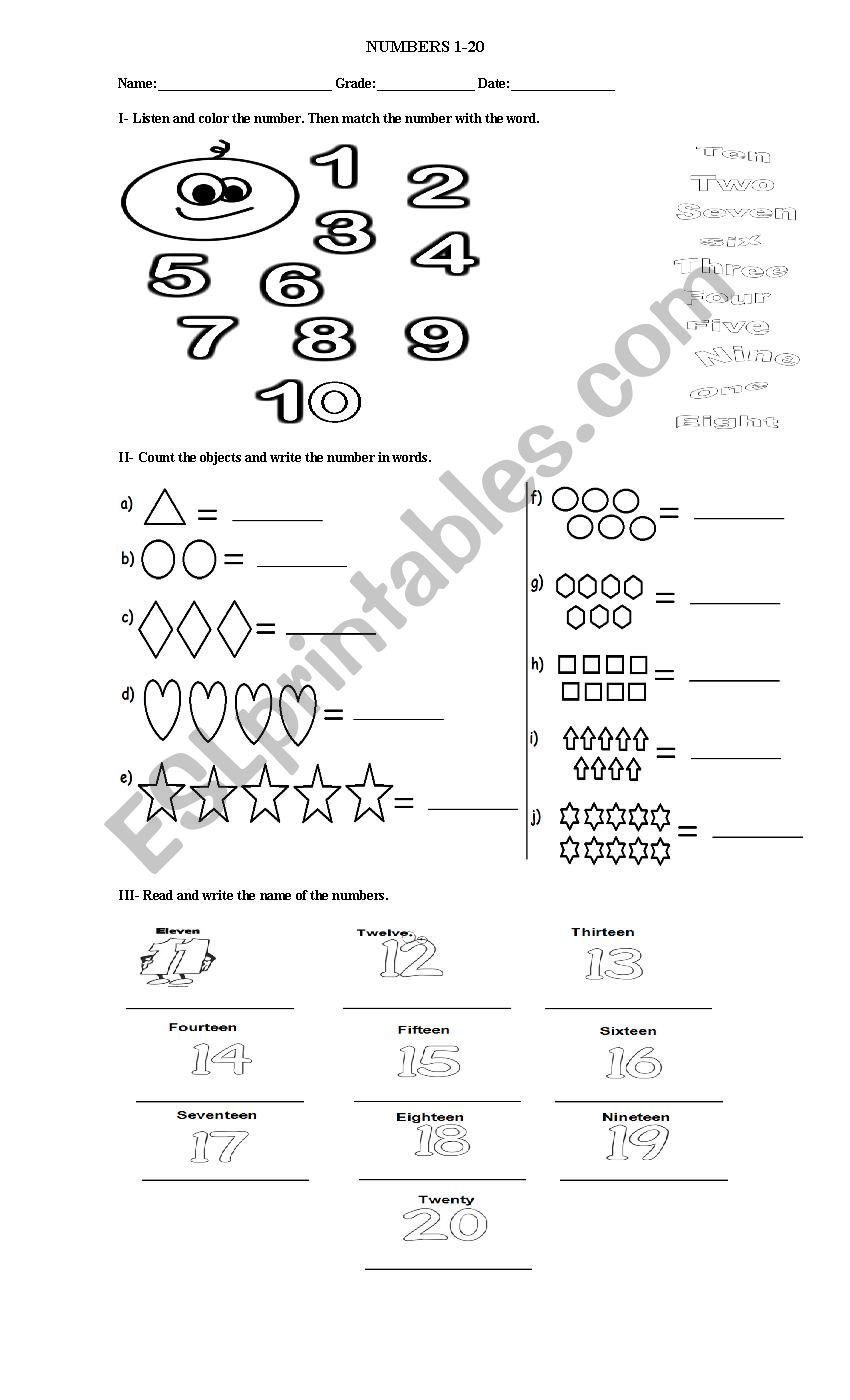 Numbers 1-20 worksheet