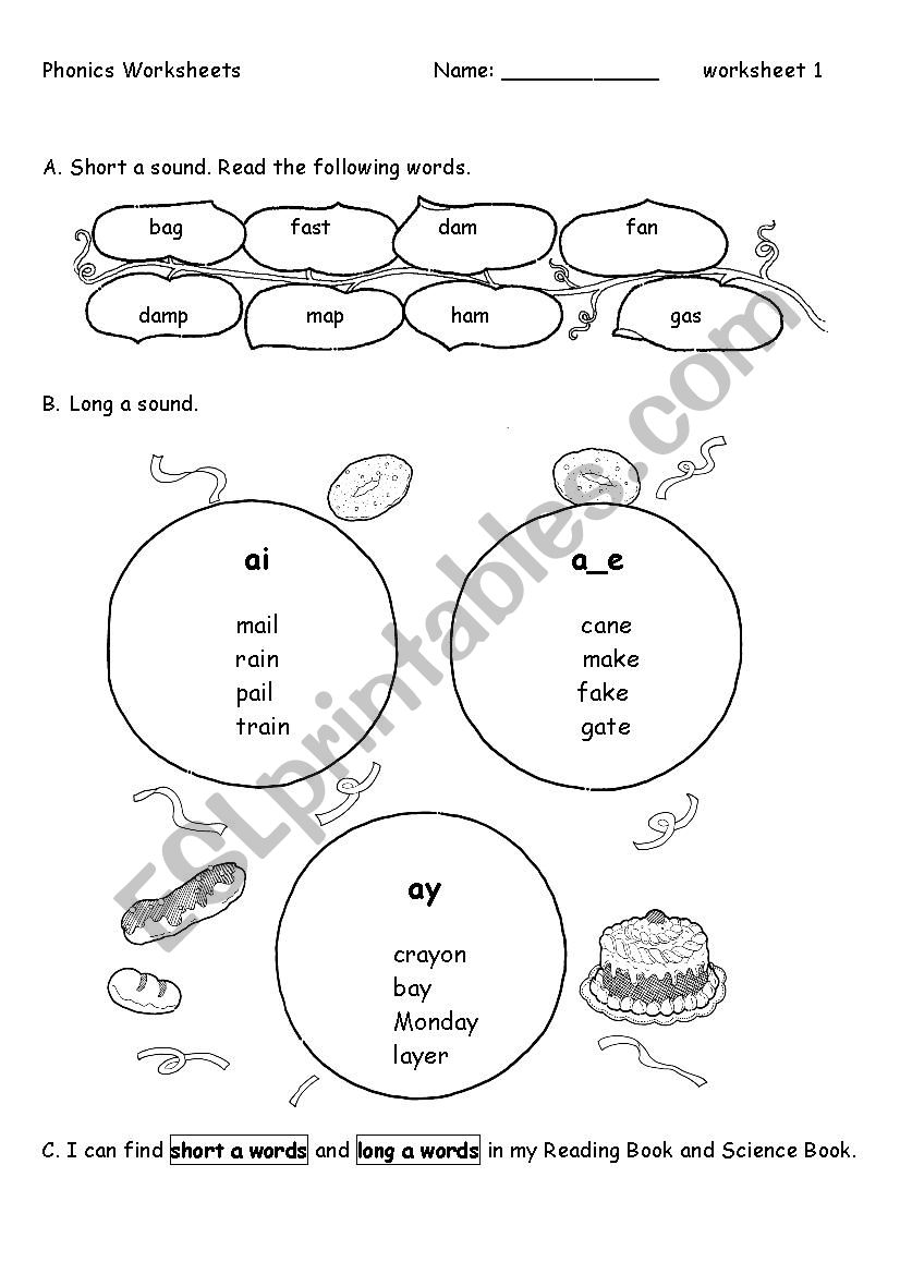 Phonics_a, ai, ay, a_e worksheet