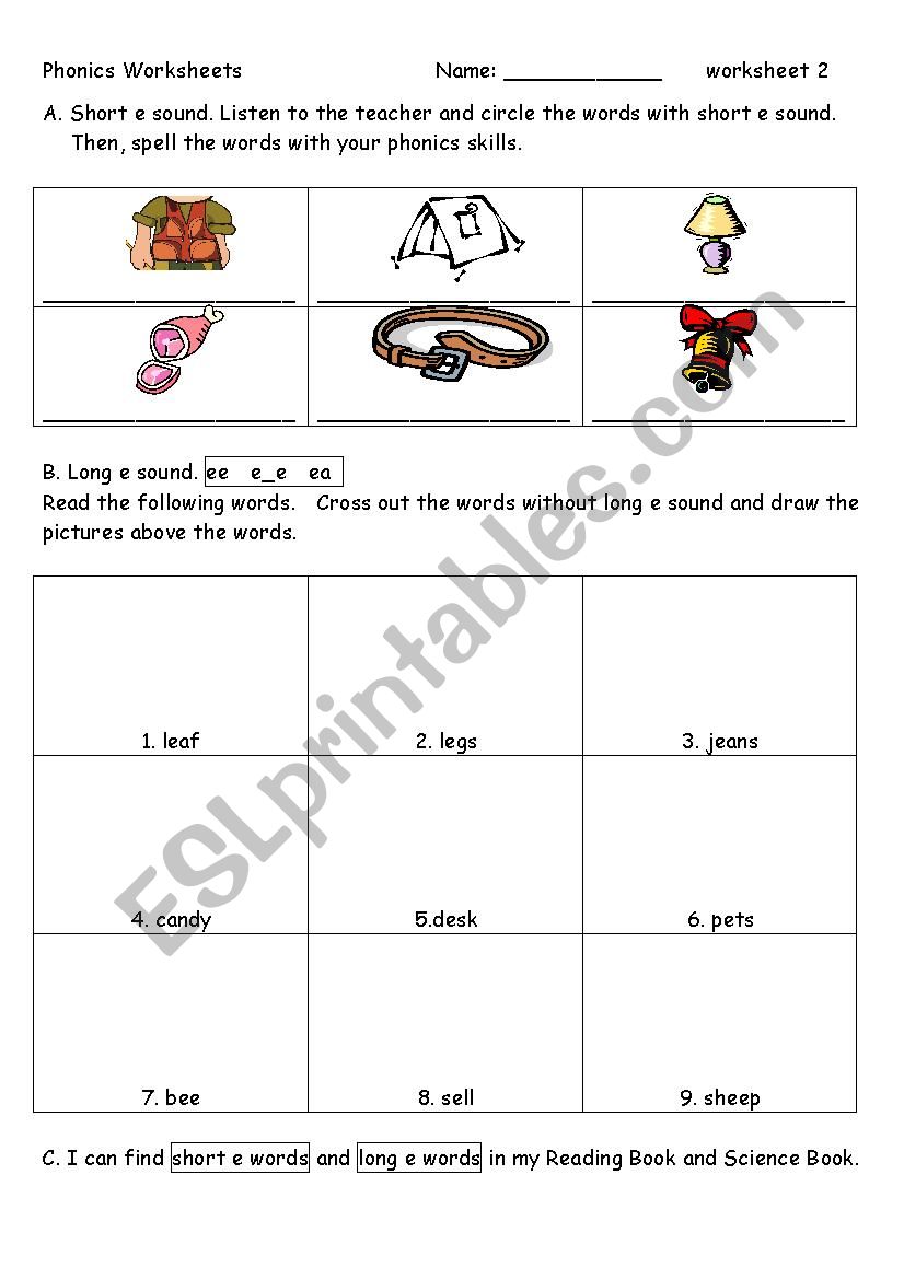 Phonics Worksheet 2: e, e_e, ee, ea