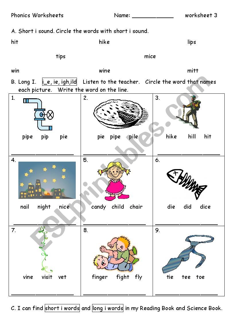 Phonics Worksheet 3: i, i_e, ie, igh, ild