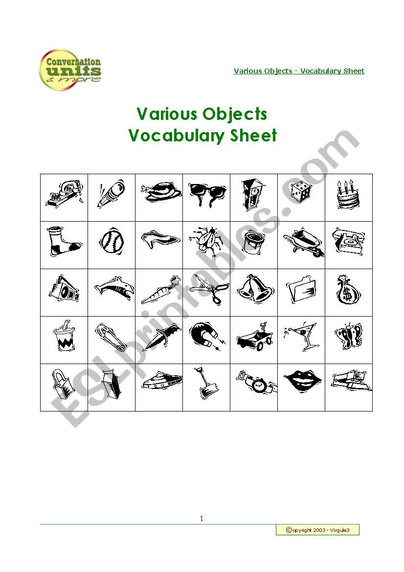 Various House Objects worksheet