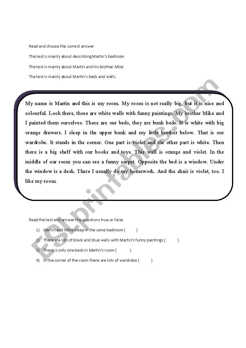 Describing Martinâ€™s bedroom worksheet