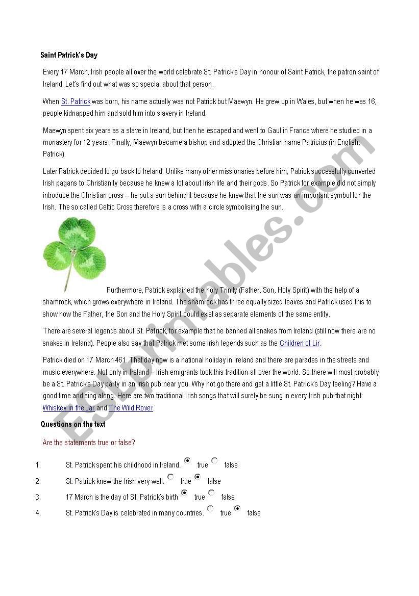 Saint patrick worksheet