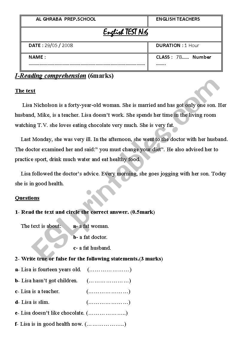 end of term test n3 for 7th form pupils