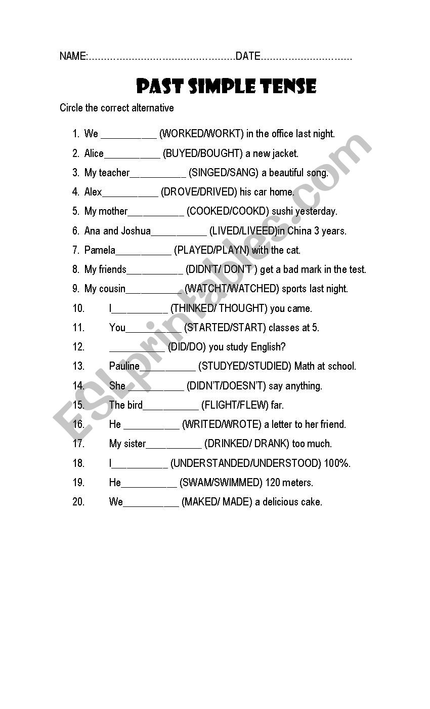 Simple past options worksheet