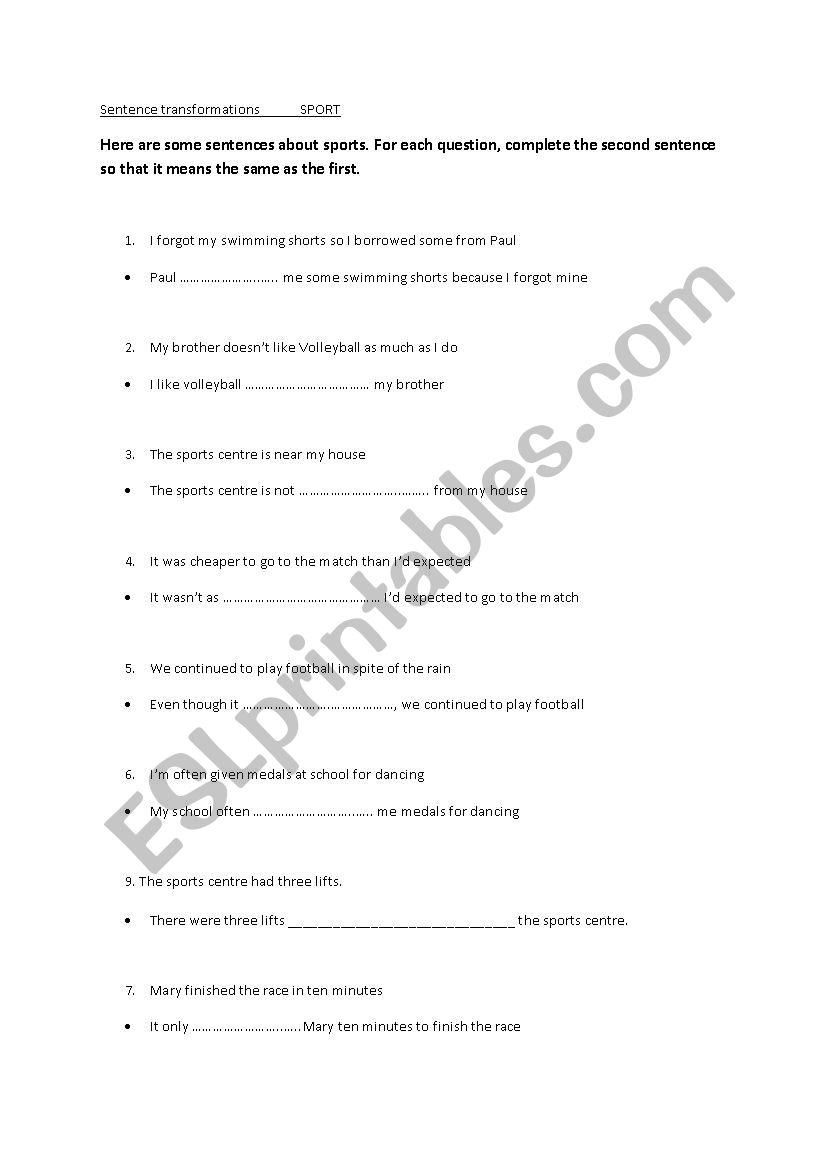 PET Exam Sentence transformations (Sports topic)