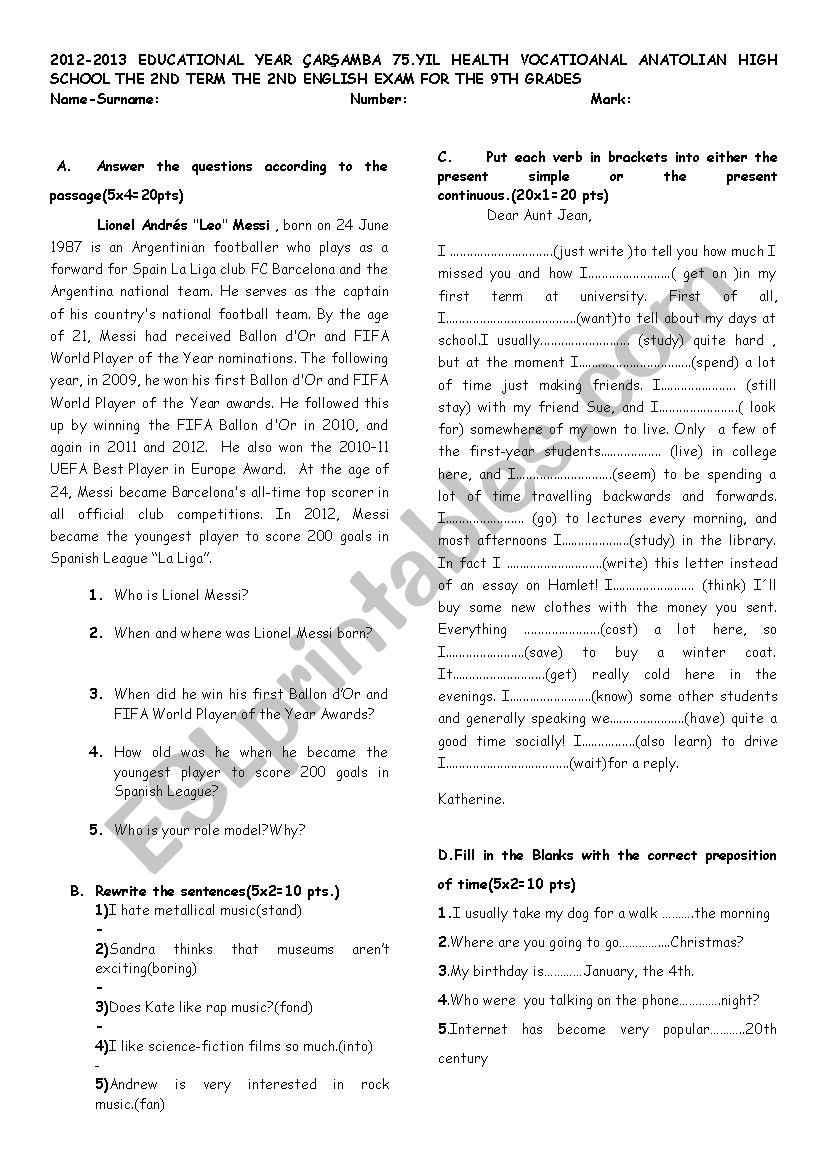 The 2n term the 2nd English exam for the 9th grades