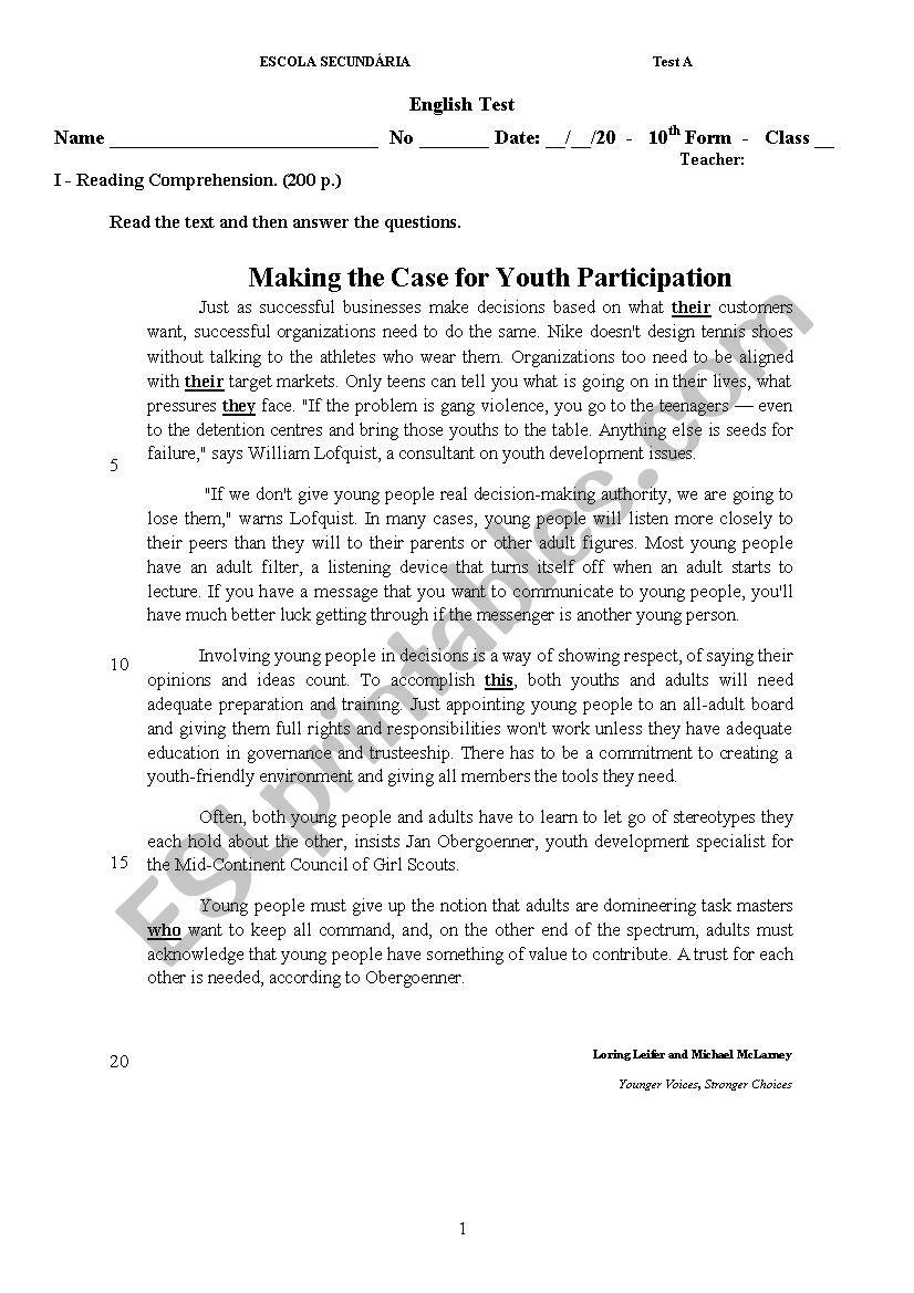 English Test Level 6 Youth worksheet