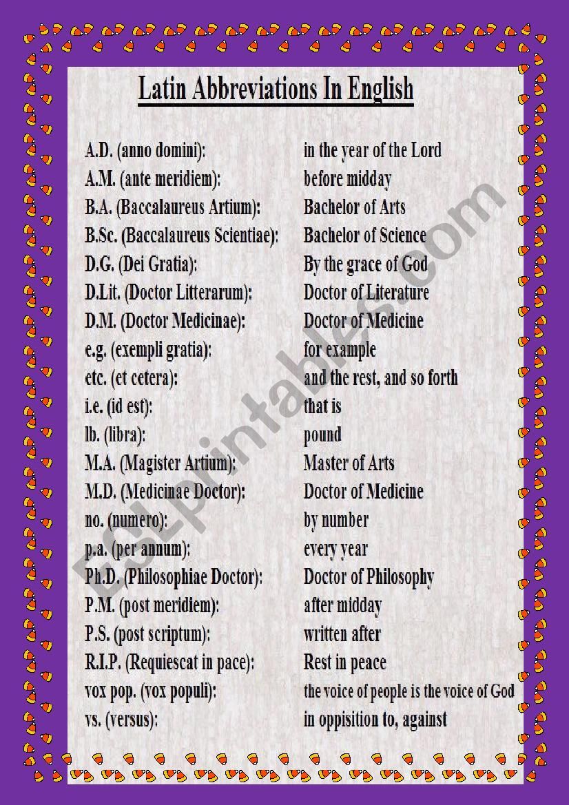 Latin Abbreviations  English worksheet