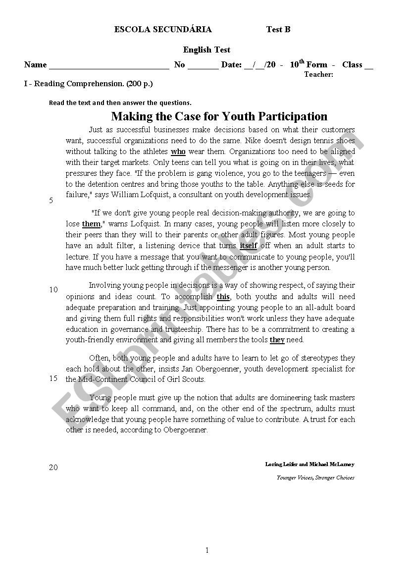 English Test Level 6 Youth B ESL Worksheet By Slotenz