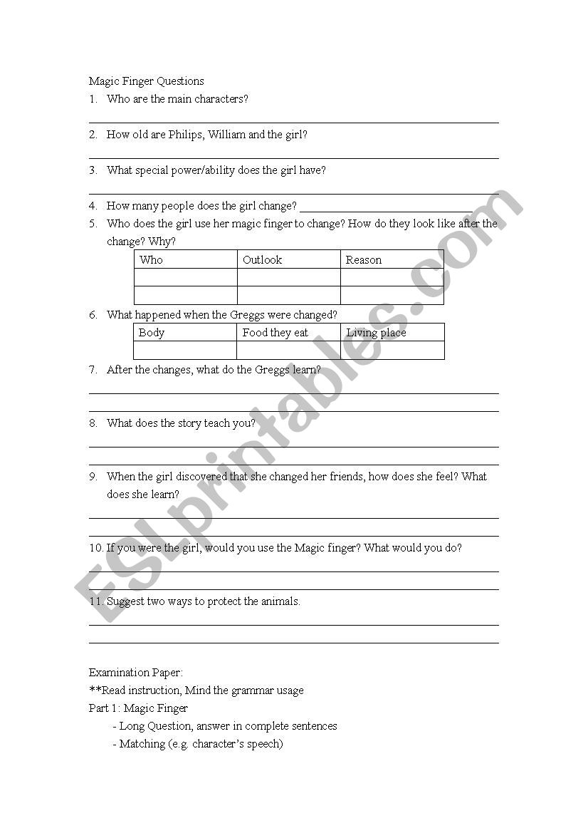 Magic Finger Long Questions worksheet