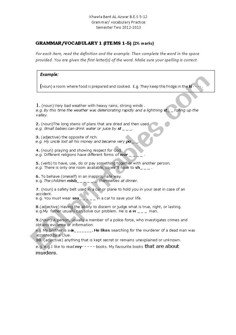 Vocabulary Revision worksheet