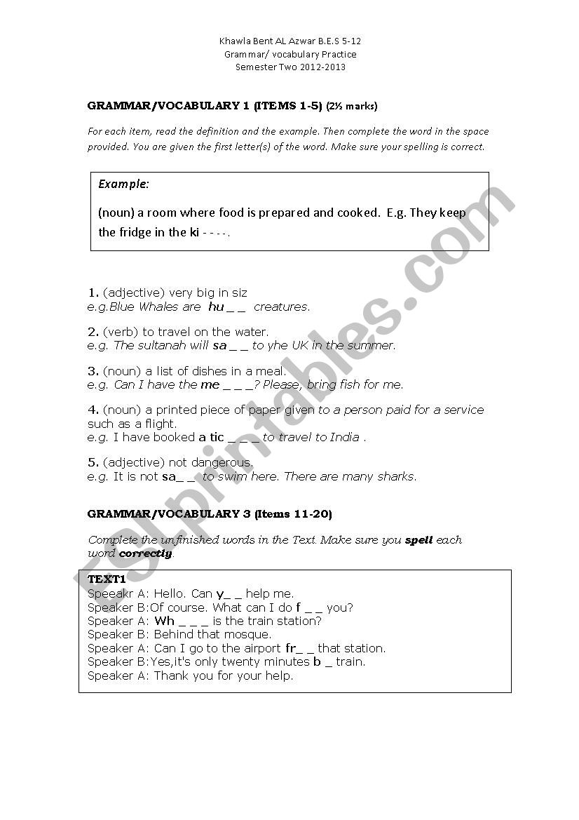 Vocabulary worksheet