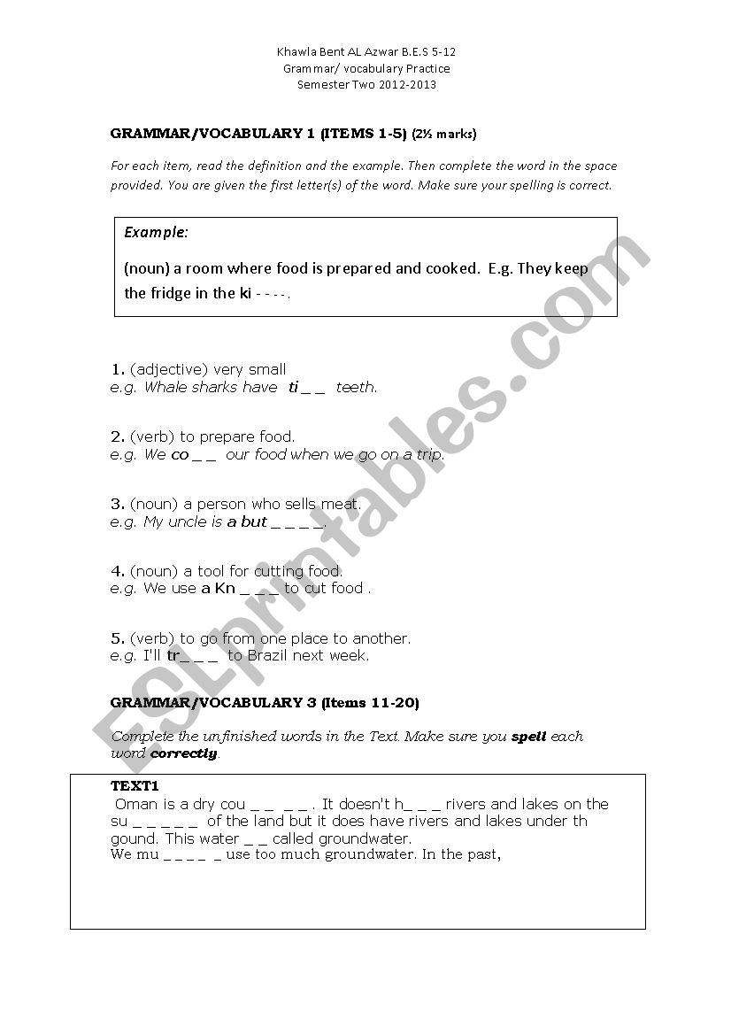 Vocabulary worksheet