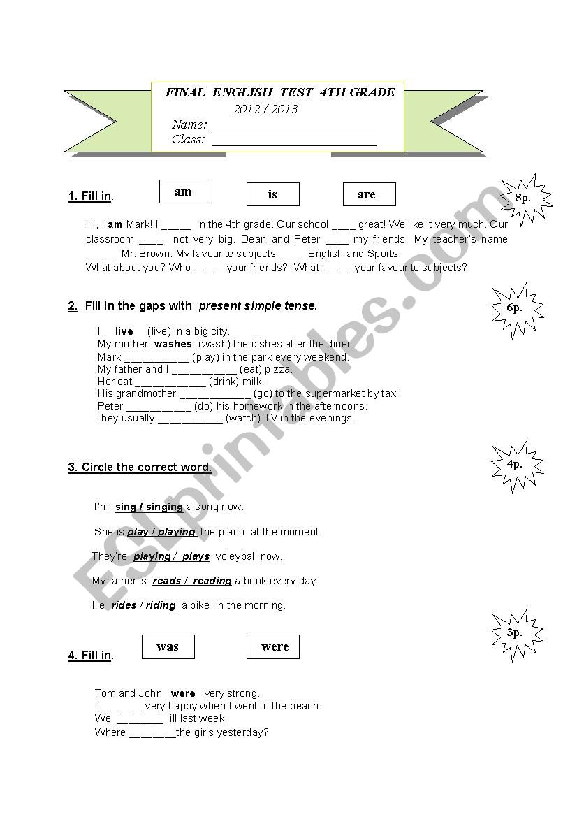 Final English Test 4th grade worksheet