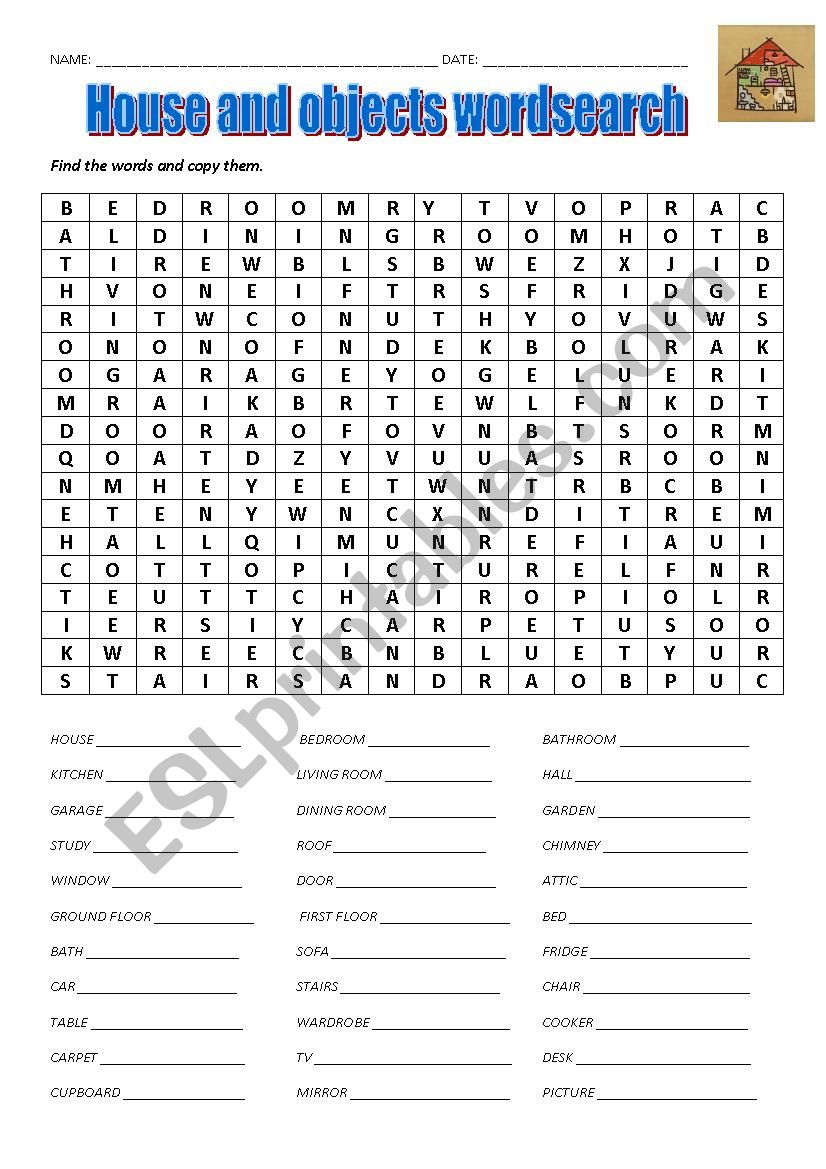 House and objects wordsearch worksheet