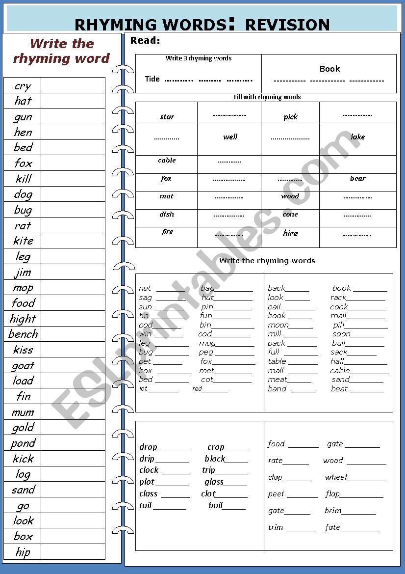 Revision : Rhyming words worksheet