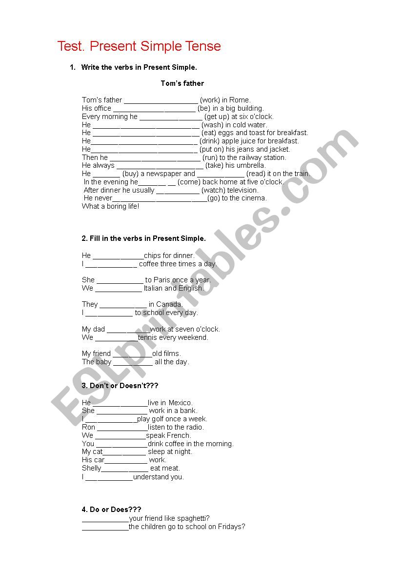 Test. Present Simple Tense worksheet