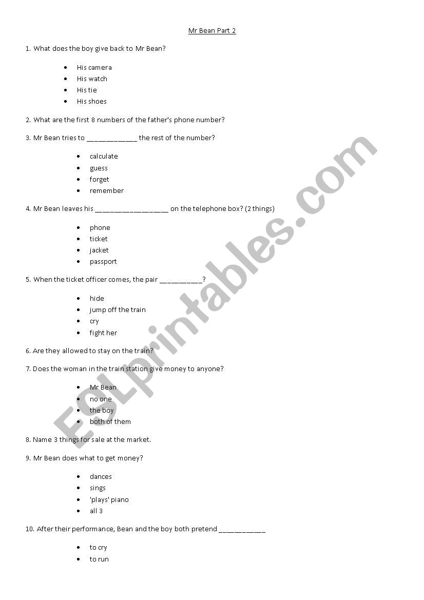 MR BEANS HOLIDAY QUIZ worksheet