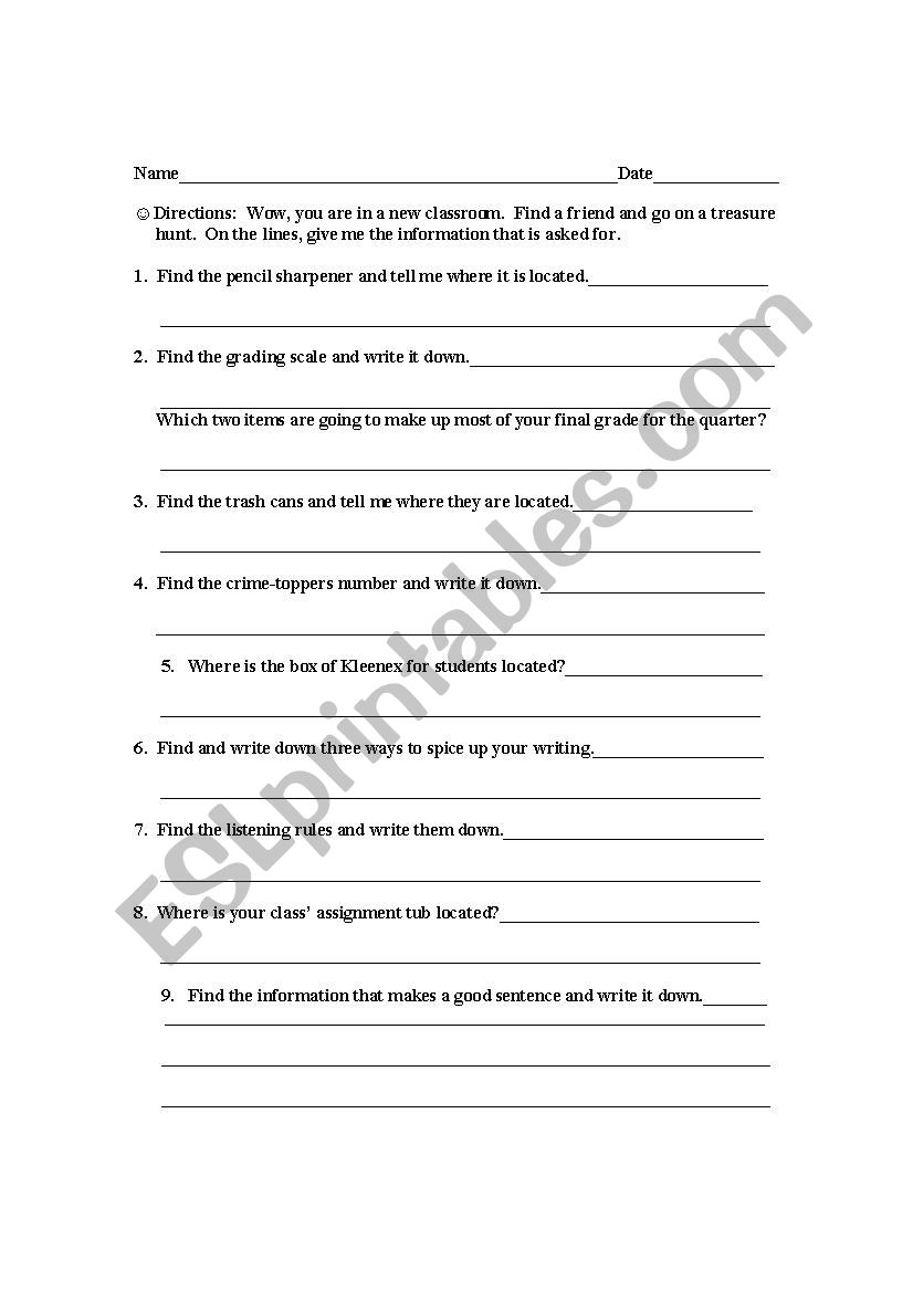 Class Scavenger Hunt worksheet