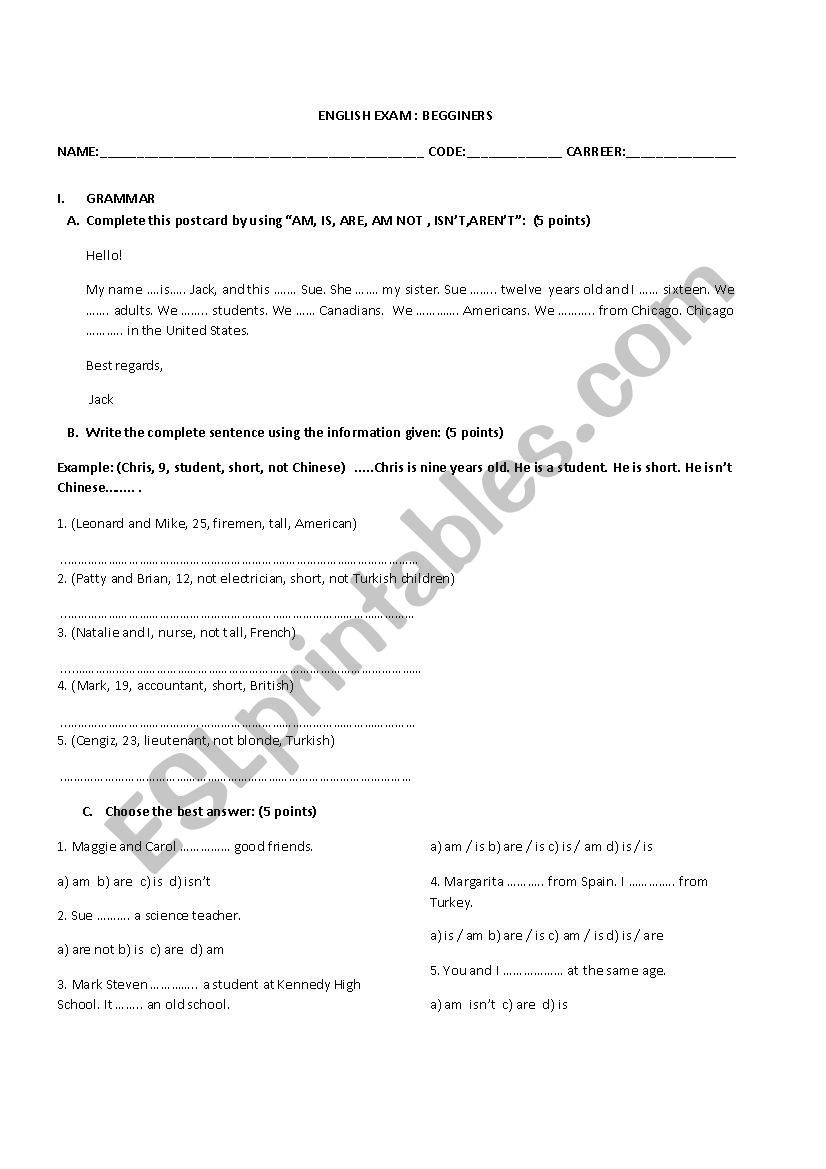 EXAM FOR BEGGINERS worksheet